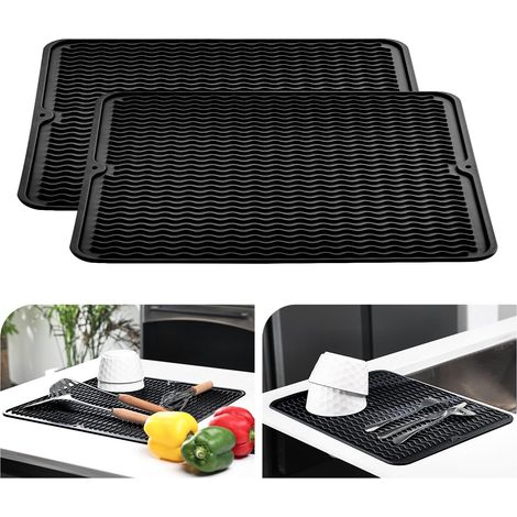 Tapis égouttoir, tapis de vaisselle en silicone résistant à la chaleur antidérapant pour évier, sous-tasse à vaisselle, set de table (2 pièces - Noir, 30x40 cm) (1/5)