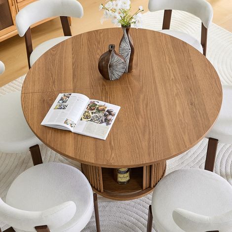Mesa de Comedor Redonda en Madera Sintética con 2 Espacios de Almacenamiento, Estilo Campestre - 120×120×75,5 cm, Nogal (1/5)