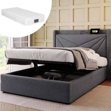 Cama con espacio de almacenamiento de lino y algodón gris 90x200 cm, USB/Tipo-C, somier y colchón incluidos (1/5)
