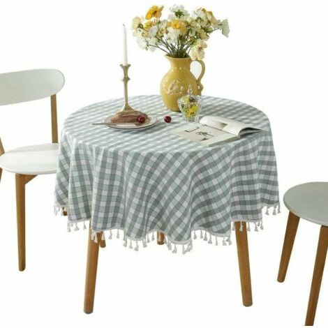 Sollbry Nappe ronde en coton et lin Nappe à franges anti-taches Protège-table lavable,.140x140cm