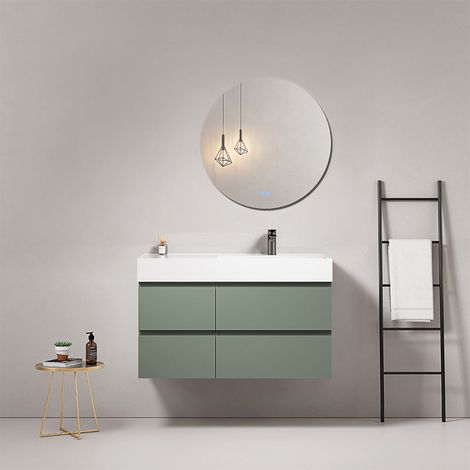 Mobile bagno sospeso 100 cm Verde Salvia Lavabo a Destra in Resina Specchio Tondo - Fiji Paint (1/4)