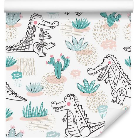 Papier peint crocodile, cactus et fleurs pour salon et chambre 50x1000 cm (1/5)