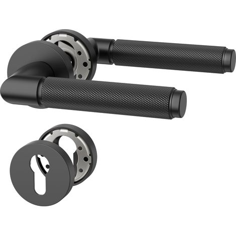 Poignée de porte intérieure Noir mat avec rosace ronde, ensemble béquille PZ avec cylindre européen, garniture de porte pour portes d'entrée et intérieures UK0098 (1/5)