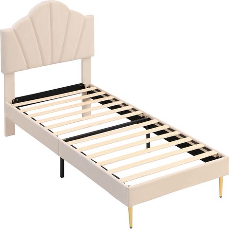 Polsterbett aus Samt 90x200 cm beige mit verstellbarem Muschelkopfteil (1/5)