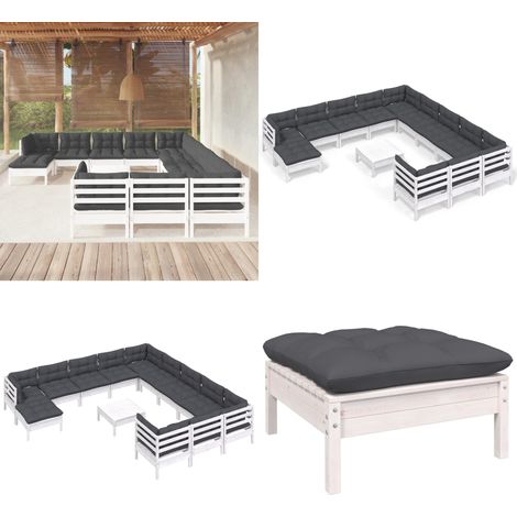 13-tlg. Garten-Lounge-Set mit Kissen Weiß Kiefernholz - Garten Lounge Set - Kiefernholz Möbel - Outdoor Möbel - Gartengeräte - Loungemöbel - Home & Living