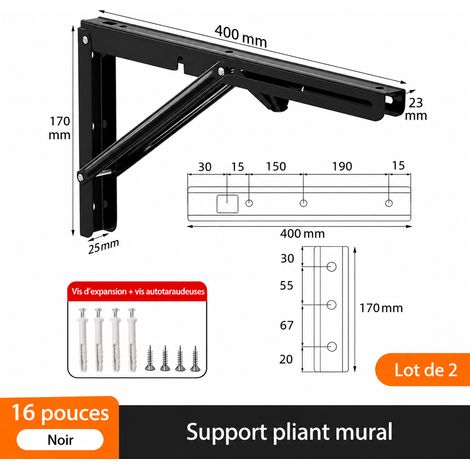 Lot de 2 équerres pliantes murales 16 pouces noires pour étagère et plan de travail noir 16 1 × 1 × 1 cm 506 g – Livraison gratuite