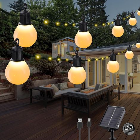 Guirlande Solaire Extérieur avec 20 G40 Blanche Ampoules, 【Charge USB】, 10M 100 LEDs Guirlande Lumineuse Solaire 8 Modes, Etanche, Décoration pour Jardin, terrasse, Balcon (Multicolore (1/5)