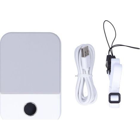 Ventilatore portatile ricaricabile tramite USB con display digitale LED, design da collo, colore bianco, utilizzabile all'interno e all'esterno. (1/5)