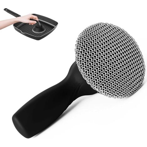 Brosse pour Poêle en Fonte, Nettoyeur à Anneau en Acier Inoxydable Nettoyeur à Anneau pour Fonte avec Poignée Silicone, Brosse à Chaîne pour Vaisselle Poêles Grills Plaques Casseroles (1/5)