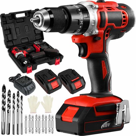Perceuse à percussion sans fil 20V, 2 batteries 2,0Ah 15 forets