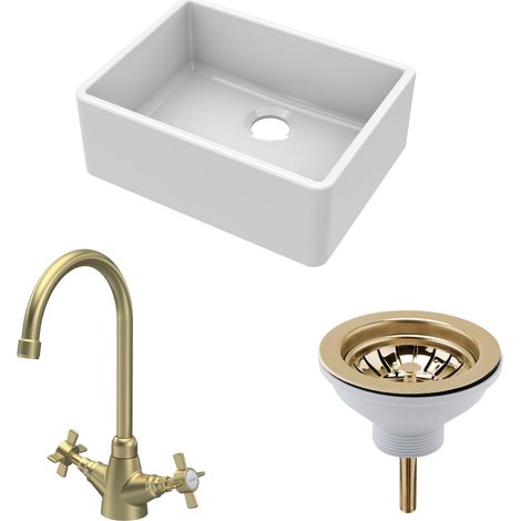 Fireclay Kitchen Bundle - Single Bowl Butler Sink Strainer Waste & Mono Crosshead Handle Mixer Tap, 595mm Brushed Brass Balterley