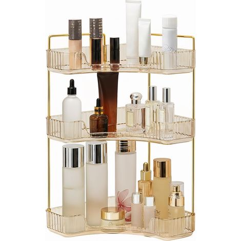 Rectangular Makeup Organizer: Stackable Shelf, Large Capacity, Bathroom Organizer, Makeup and Skincare Storage, Lipstick Box (3 Tiers, Amber-B) (1/5)