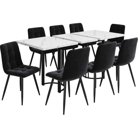 Ensemble salle à manger 9 pièces : table extensible 140x80 cm (8 couverts) + chaises velours noir, piètement métal.