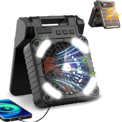 Ventilador solar portátil con lámpara, recargable de 5200 mAh, plegable, ideal para exteriores, viajes y pesca.