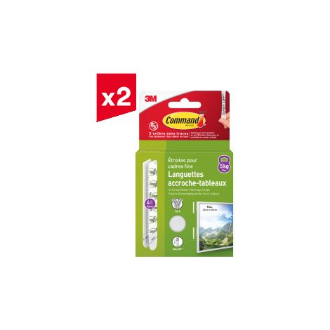 Lot de 2 languettes accroche tableaux Command™, blanches, étroites, 8 paires (16 languettes)