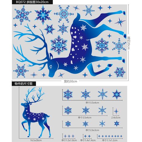 Autocollants de Noël rennes bleus, décorations de fenêtre cerfs sous un ciel étoilé et flocons de neige, autocollants statiques dégradés pour sapin de Noël, décorations de fenêtre fraîches.