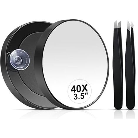 Miroir - Miroir grossissant 40x - Mini Miroir de Maquillage - ABS - Miroir double face avec grossissement 40x/1x - Avec une pince à épiler - Essentiel pour un maquillage précis - Zwart (1/5)