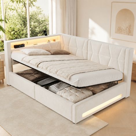 Letto contenitore 140x200 cm in metallo e velluto beige con LED e USB - MEUBLIV (1/5)