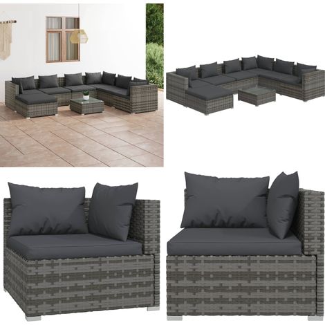 Salon de jardin 8 pcs avec coussins Résine tressée Gris - Salon De Jardin - Meuble De Jardin - Ensemble De Meubles De Jardin - Mobilier De Jardin - Résine Tressée - Home & Living