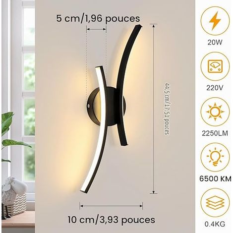 Applique Murale Intérieure LED, 20W 2250LM Noir Lampe Murale LED Chambre 44.5CM Luminaire Mural Moderne en Aluminium Salon Cuisine Couloir Escalier, Blanc Chaud 3000K (1/4)