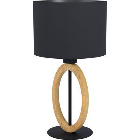 Eglo lampada da tavolo Basildon 1, lampada da tavolo minimalista, lampada da comodino in legno, tessuto, metallo, lampada da soggiorno in natura, nero, lampada con interruttore, E27 (1/4)