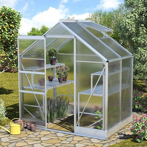Serre de jardin en polycarbonate Apollo - Larg 1.95m avec base, Long 2.61 m, Couleur Aluminium , Polycarbonate 6 mm