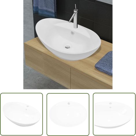 The Living Store Lavabo ovale en céramique avec trou de robinet - Lave-mains Oval - Lavabo Céramique - Lavabo Salle De Bain - Meuble Lavabo - Vasque Blanche (1/5)