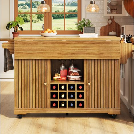 Carrello da cucina mobile 142,5x80x95 cm con estensioni pieghevoli, vano portaoggetti e portabottiglie, in MDF - marrone (1/5)
