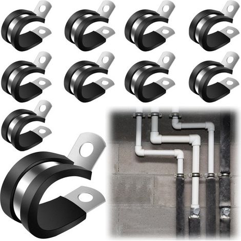 10 clips de montaje, Clips para cables, Clips metálicos tipo R para tuberías, Tornillos no incluidos, cables y tuberías (2415 mm, Negro) (1/5)