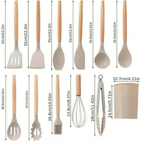 Ensemble de 12 ustensiles de cuisine antiadhésifs en silicone avec poignées en bois Batterie de cuisine résistante à la chaleur (1/5)