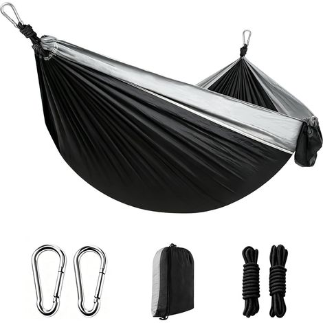 Hamac de camping ultraléger, capacité de charge de 300 kg, parasol de 270 x 140 cm, nylon respirant et à séchage rapide, sangles respectueuses des arbres, mousquetons et sac de transport inclus. Idéal