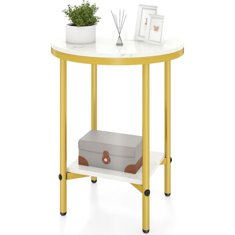 COSTWAY 2-Tier Accent Table Round Faux Marble End Table with Metal Frame Storage Shelf White (1/5)