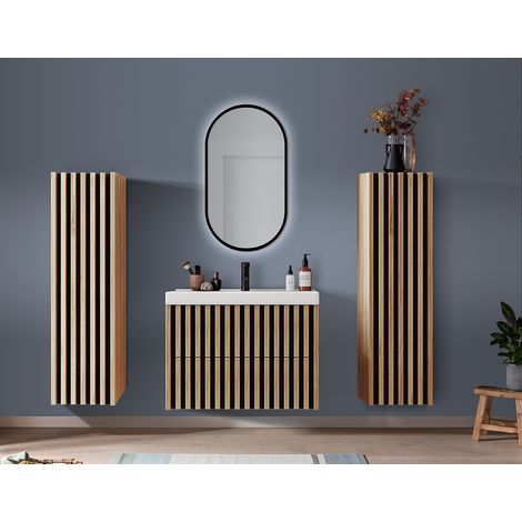 Badmöbel Set mit LED Spiegel und 80 cm Waschtisch LUCCA-107 in Eiche Nb. mit Lamellenfronten, B/H/T: ca. 190/200/46 cm (1/5)