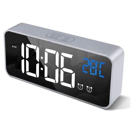 Despertador digital con gran pantalla LED de temperatura, despertador de espejo portátil con doble alarma y brillo ajustable en 4 niveles (plata) (1/4)