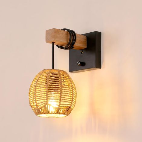 Applique Murale Vintage Bois Rotin E27 Salon Chambre Lampe Murale Boho, Abat-jour en Rotin, avec Interrupteur, pour Chevet et Couloir, Sans Ampoule (1/5)