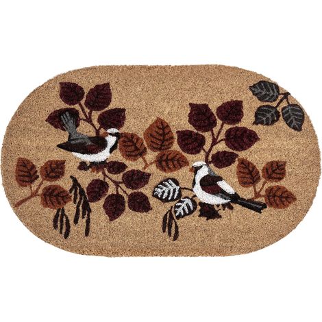 Paillasson Moderne en Fibre de Coco 50 x 80 cm Motif Oiseaux Antidérapant en PVC Intérieur Extérieur Naturel Toolik