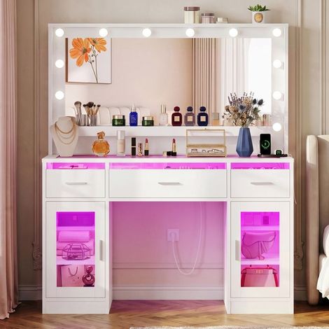 Coiffeuse - TEENFON moderne blanche - Miroir LED 3 couleurs - Plateau en verre - 3 tiroirs & 2 placards (1/5)