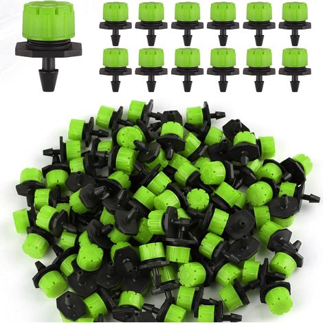 Packung mit 100 verstellbaren 1/4"-Mikro-Tropf-Emittern, 360°-Mikro-Tropf-Emitter für Gartenbewässerungssysteme, verstopfungsfreie Sprinkler für 4-mm-/7-mm-Schläuche, grün
