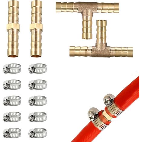 Connecteur Cannelé En Laiton, 2× 8mm Raccord De Tuyau En Laiton, 2× 10 mm - 3 Voies En Forme de T Raccord Gaz, 10 Colliers de Tuyau en Acier Inoxydable Pour L'eau, Le Carburant, L'air, Gazole