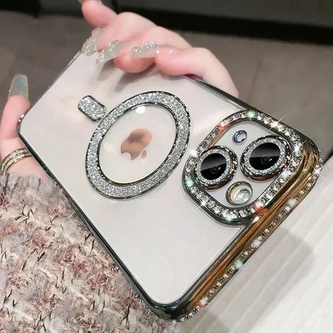 (iPhone 11 Pro Max, Or) Coque transparente en cristal étincelant pour iPhone, compatible avec la recharge sans fil magnétique MagSafe.