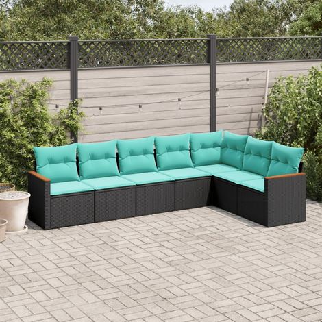 7-teiliges Gartensofa-Set mit Kissen, schwarzes Polyrattan (1/5)