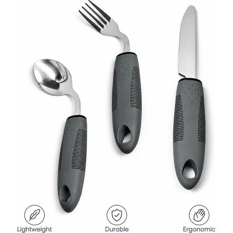 Set 3 Pièces Couverts Senior Anti-Tremblement Manche Courbé Caoutchouc Inox 430 Gris Poignée 12 cm pour Personne Âgée (1/5)