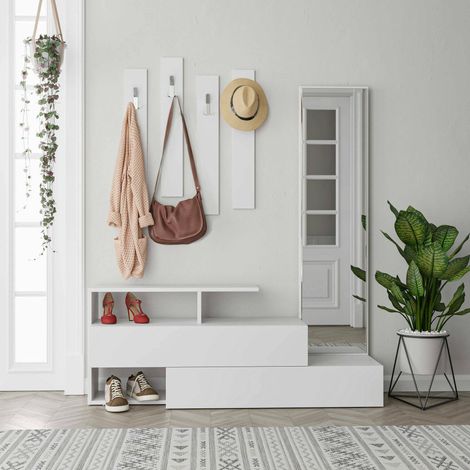 Mueble de Entrada Ofel, Espejo Incluido, 4 Estantes, Perchero, 137x35x55h cm Blanco (1/5)