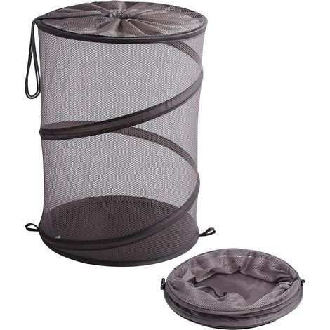 Set di 2 cesti portabiancheria pieghevoli in rete con coulisse, ideali per la camera da letto e per riporre vestiti e giocattoli. (1/5)