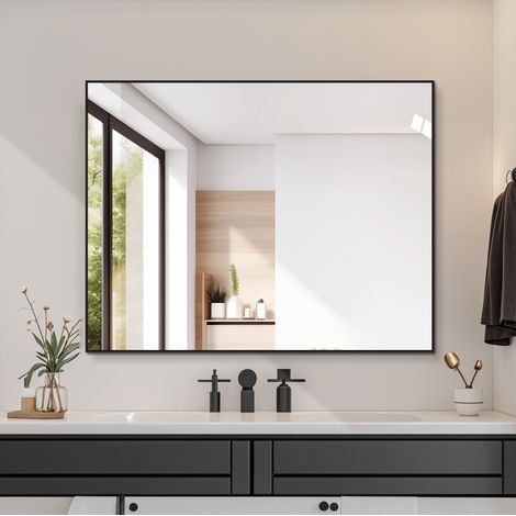 Espejo de baño 70 x 90 cm, marco de aluminio negro, montaje horizontal o vertical, DESVIAE (1/5)