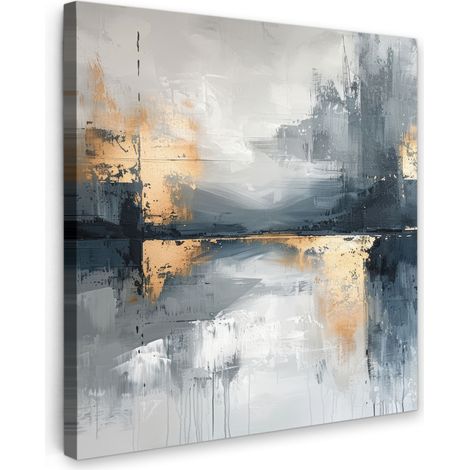 CUADRO EN LIENZO Arte - Gris - Oro - Abstracto Pared Decoracion Grande 90x90 cm
