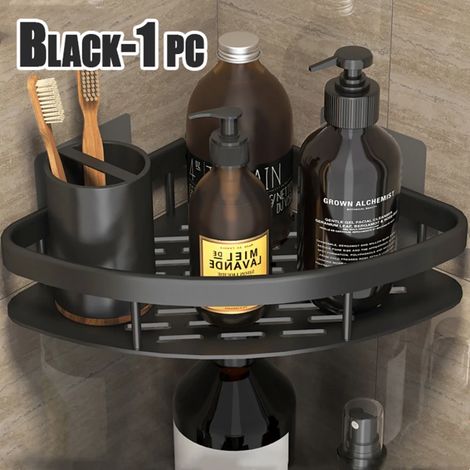 (Noir - 1 pièce) Étagère murale rectangulaire pour salle de bain, porte-serviettes, porte-shampoing mural, support trépied sans perçage. (1/5)