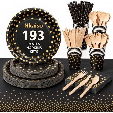 193 Pcs Noir Or Vaisselles Jetable Anniversaire Kit-24 invités (1/5)