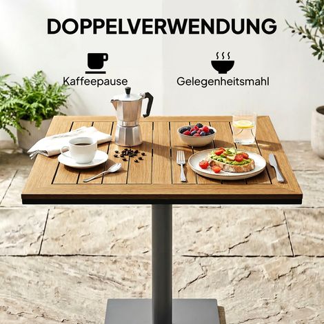Table d'appoint carrée 70x70 cm, table d'extérieur robuste anti-pluie, aspect bois véritable, large piètement, pour terrasse ou jardin
