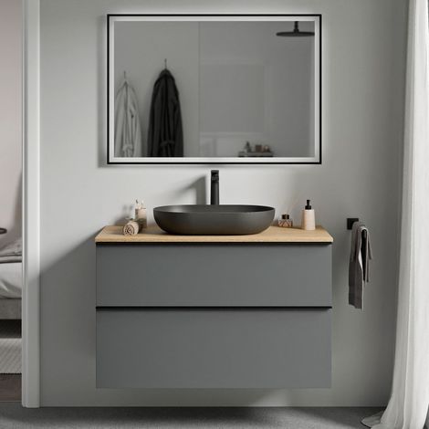 BERNSTEIN - Mueble lavabo suspendido MDF antracita mate, encimera de roble miel, tirador negro mate 80x46x62cm - LAVOA antracita mate, Negro mate, Roble miel oro